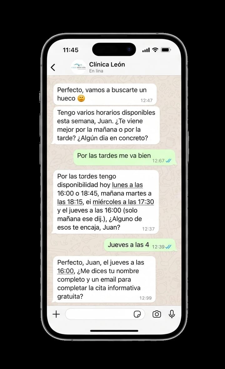 Conversación de WhatsApp entre paciente y Kairoh: el paciente pregunta por horarios disponibles, Kairoh propone varias opciones y confirma la cita.